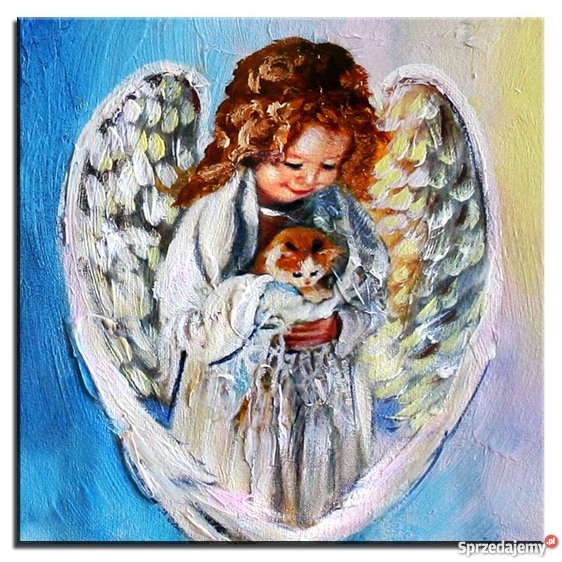 obraz olejny 30 x 30 cm aniołek chrzciny komunia