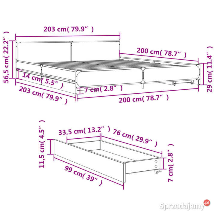 Rama łóżka z szufladami czarna 200x200 WM3279912 56cm sprzedam