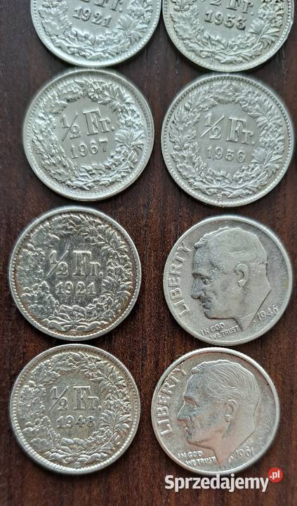 Srebrne monety 15 franka 10 centów one dime Szczecin sprzedam