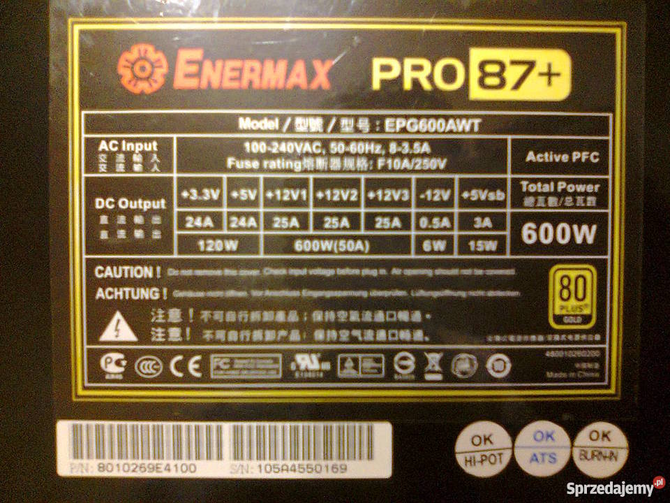 Zasilacz komputerowy Enermax 600W PRO87 80PLUS Giżycko