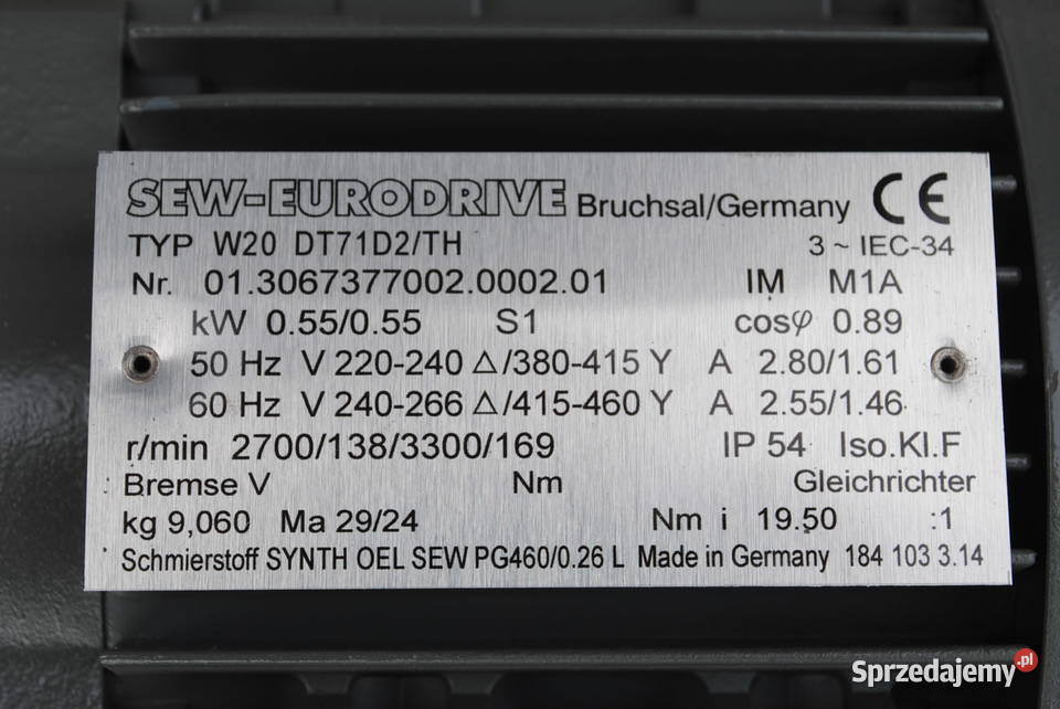 Motoreduktor kątowy 055kw 138obrmin firmy SEW sprzedam