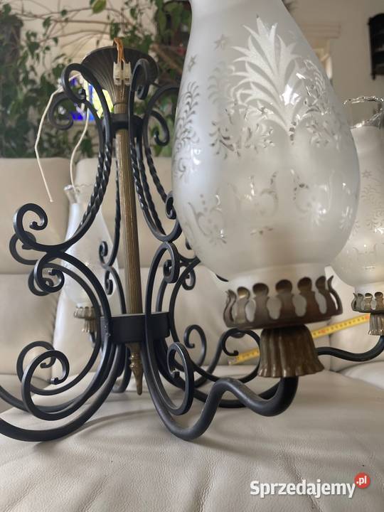 Antyk żyrandol lampa mosiądz szkło grawerowane Bystrzyca Kłodzka