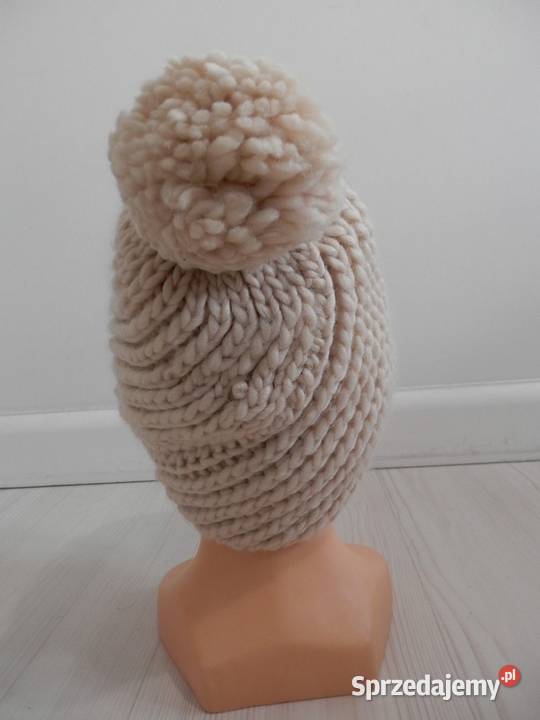 Czapka Zimowa Wełniana Slouchy z Pomponem Gruby Łomża
