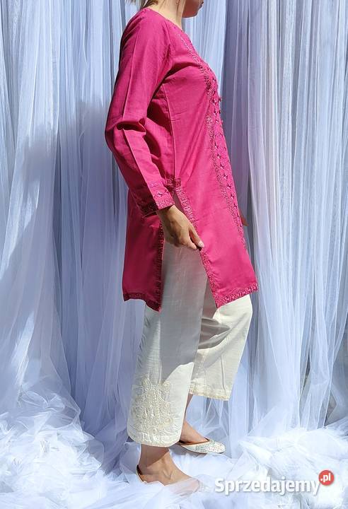 Różowa tunika boho S 36 bawełna róż złoto haft Szczecin