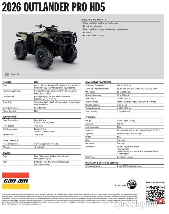 CanAm Outlander Pro Std HD5 1HTD Desert Tan 2026 automatyczna Nowy Sącz