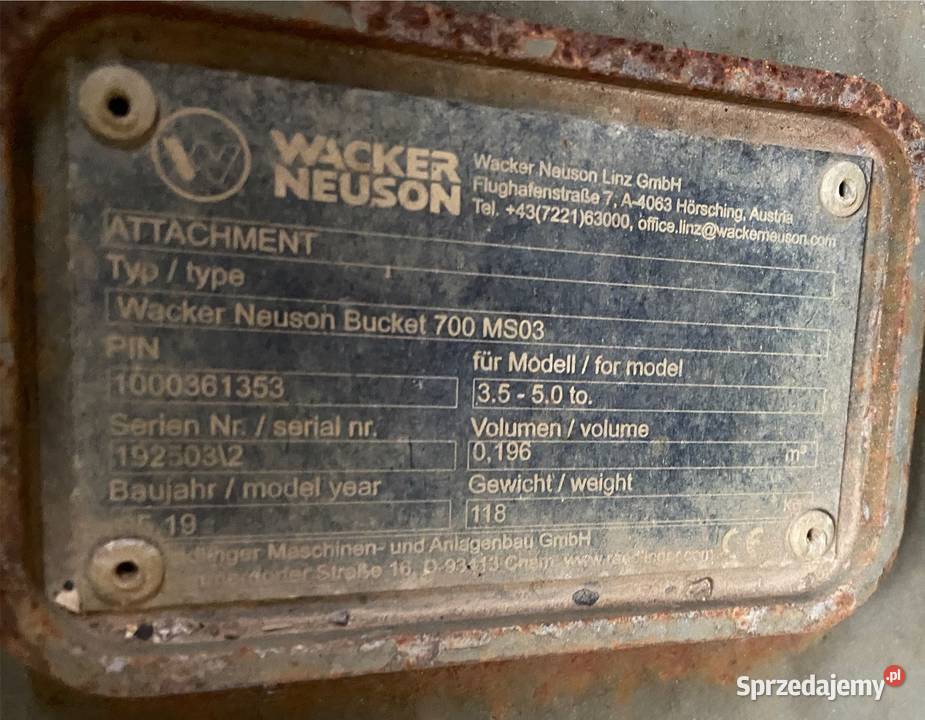 Łyżka 70 Wacker Neuson mocownaie lehnhoff ms03 Suchoraba
