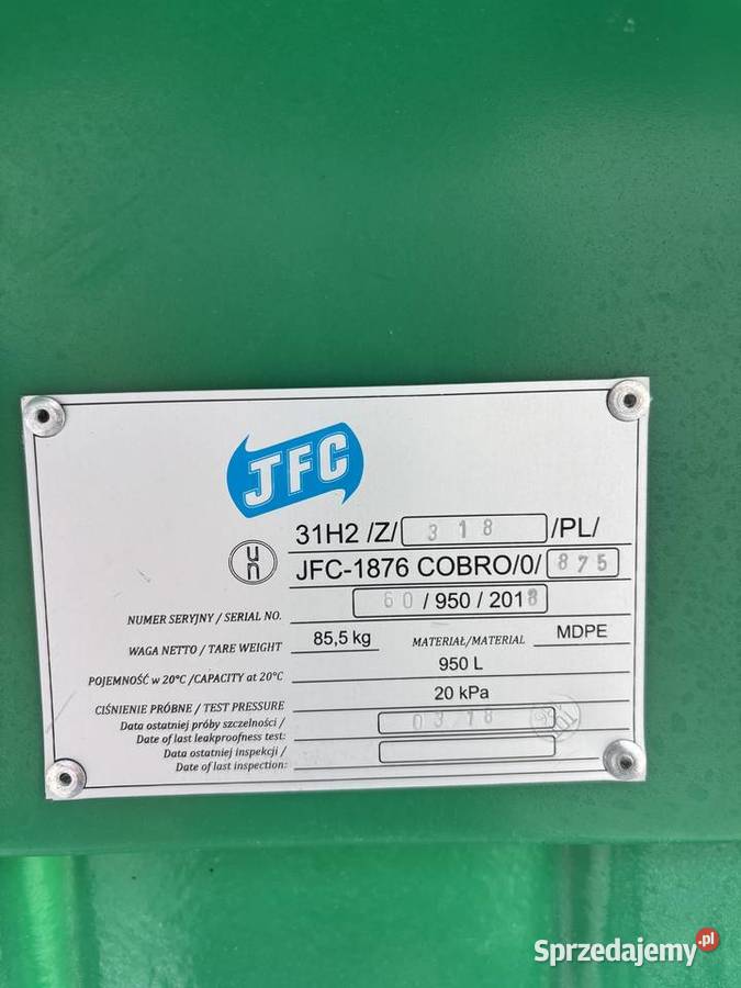Zbiornik Dwupłaszczowy JFC 950L Paliwo małopolskie Sufczyn