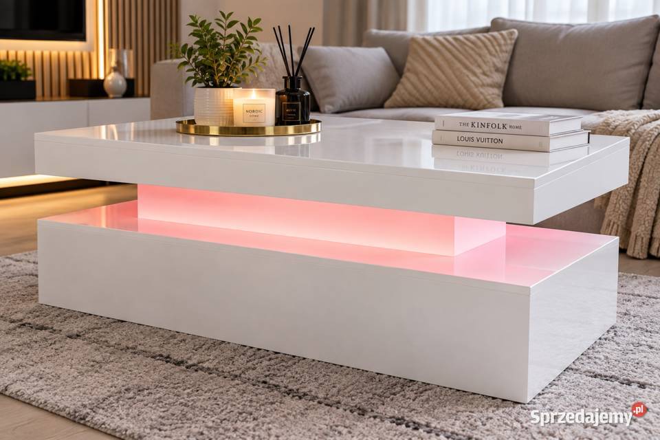 Nowa Ława Stolik Kawowy LED Biały Połysk z 43cm Kalisz