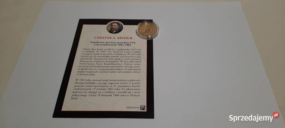 moneta 1 Dolar A ARTHUR 2012 CERTYFIKAT X9325 Warszawa