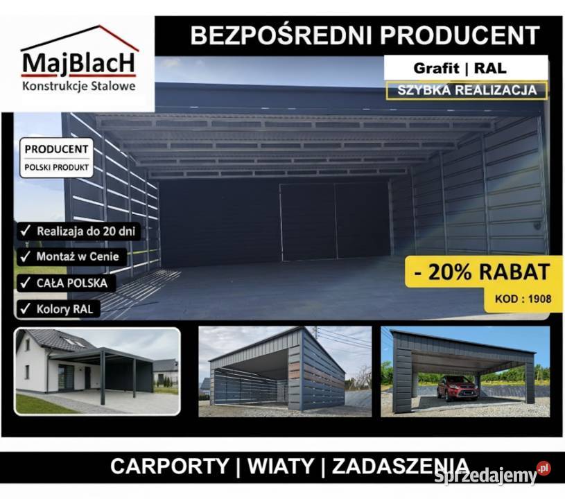 A09Samochodowy CARPORTZadaszenie na pojazd 48m2 Brzesko