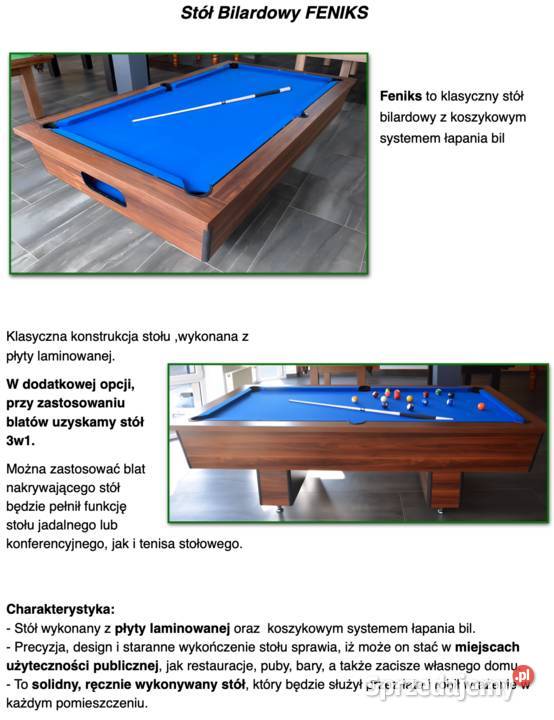 Stół bilardowy Feniks 9 ft Polski Producent Kalisz