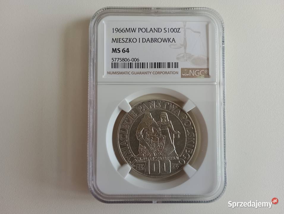 Moneta 100 1966 r MS 64 Mieszko i Dąbrówka wielkopolskie Mosina