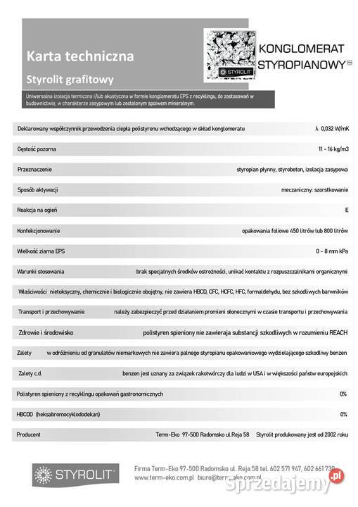 granulat styropianowy atest karta techniczna Styropian Radomsko sprzedam