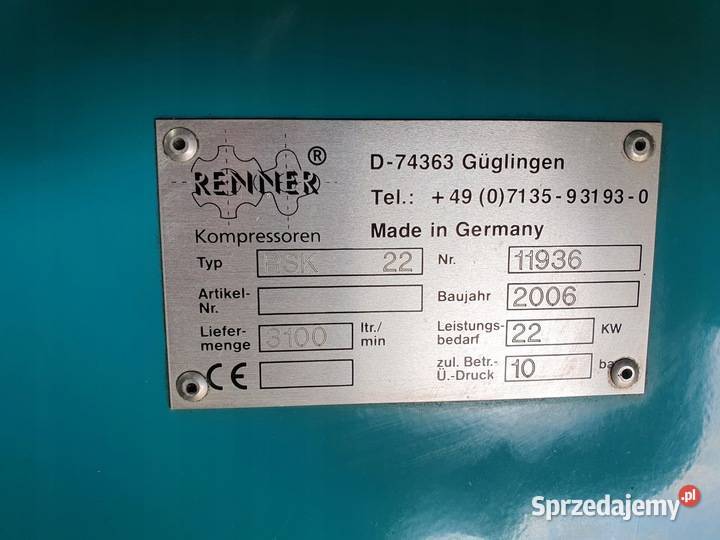 KOMPRESOR ŚRUBOWY RENNER 22 KW Zduny