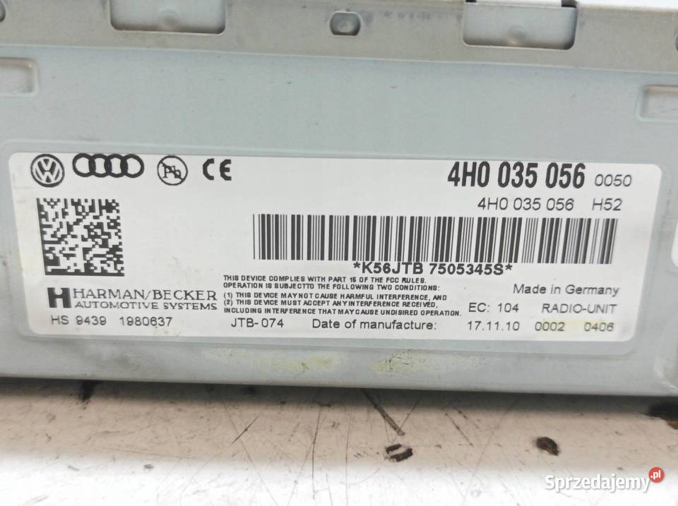 RADIO ODBIORNIK TUNER RADIOWY 4H0035056 Audi A8