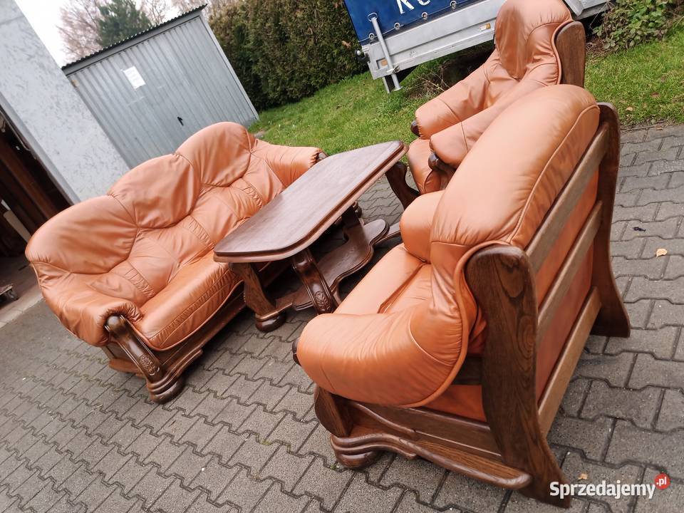 Komplet Wypoczynkowy KLER 3 1 1 i Ława Dąb skóra Kozy