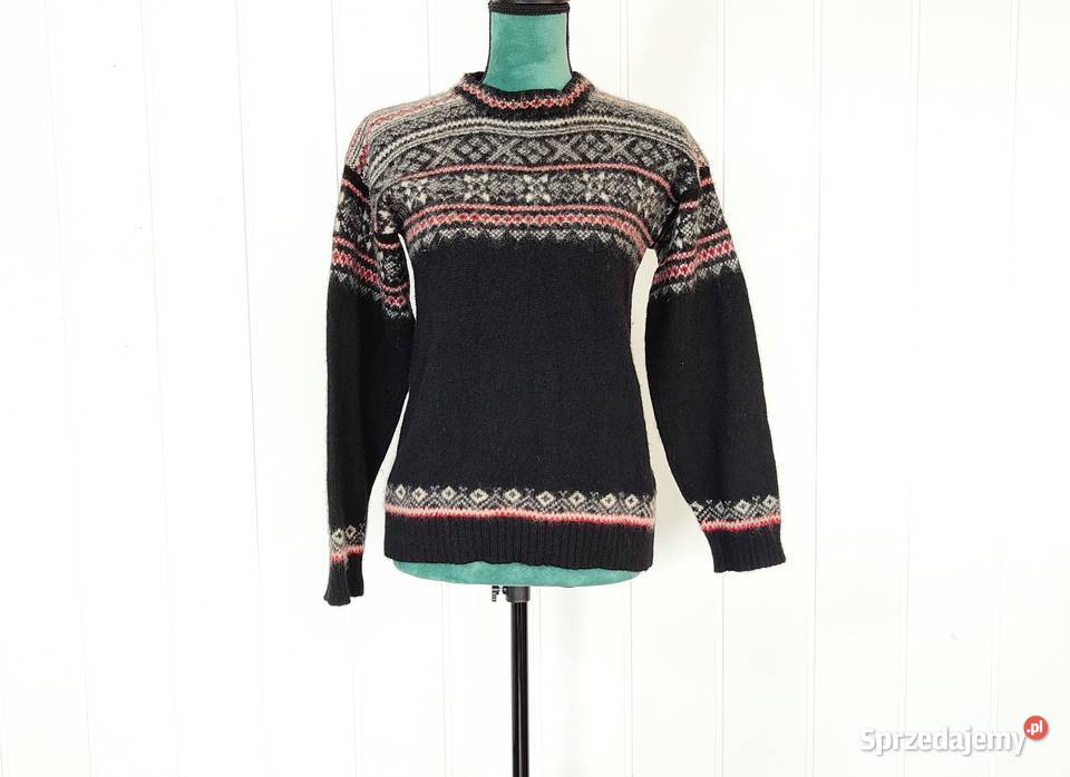 Sweter wełniany S 36 wełna czarny kolorowy wzór Wkładane przez głowę Swetry i golfy