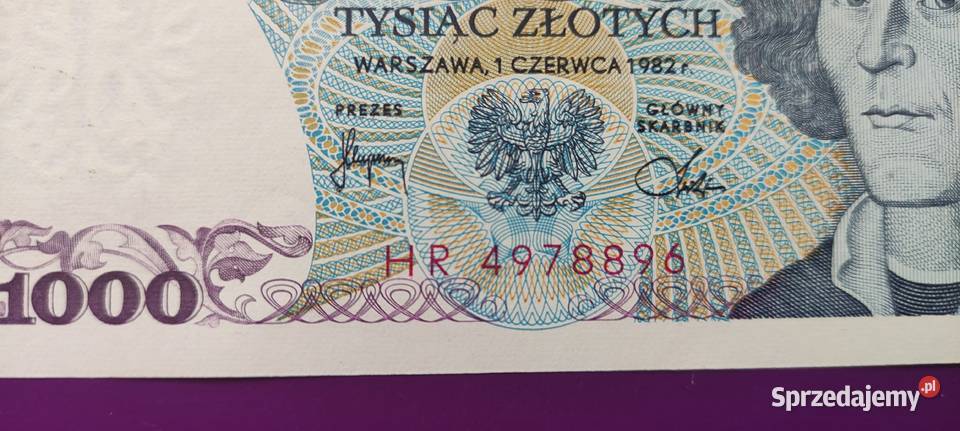 Banknot z PRLu 1000 1982 stan UNC 1 Pruszków