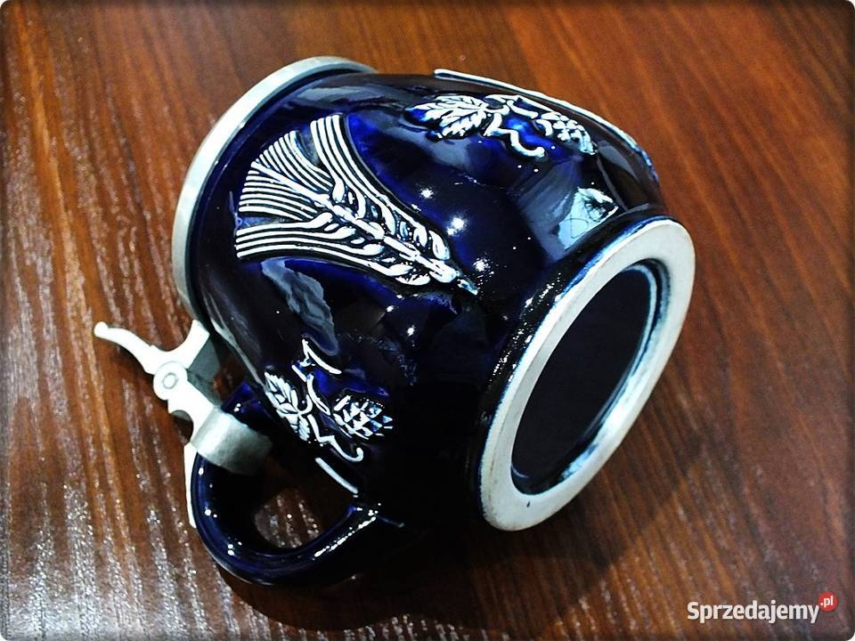 Kufel niemiecki z cynową pokrywką Sygnowany Żary