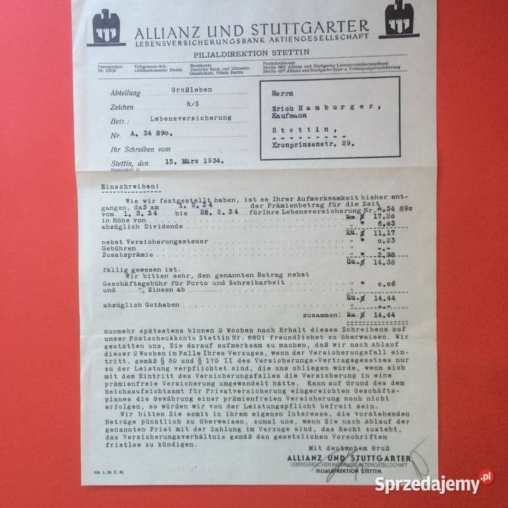 1797 Niemieckie Pismo Allianz Stettin zachodniopomorskie Szczecin