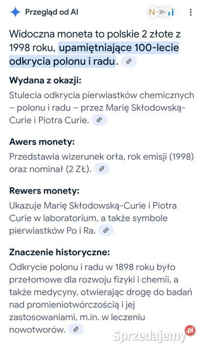 moneta 2 okolicznościowa Odkrycie Polonu i Radu Wrocław