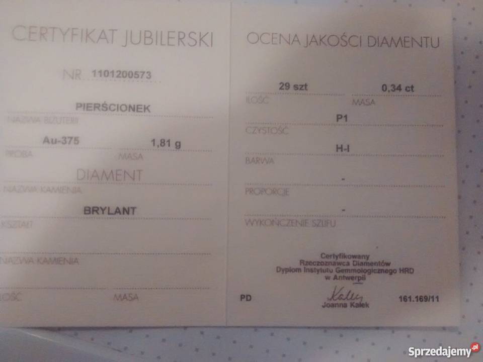 Złoty PIERŚCIONEK z DiamentamiCertyfikat Apart Gdynia