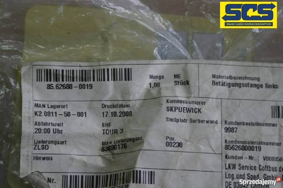 MAN LINKA PRĘT ZAMYKANIA DRZWI ZAMKA 85626800019 lubuskie Bieleń