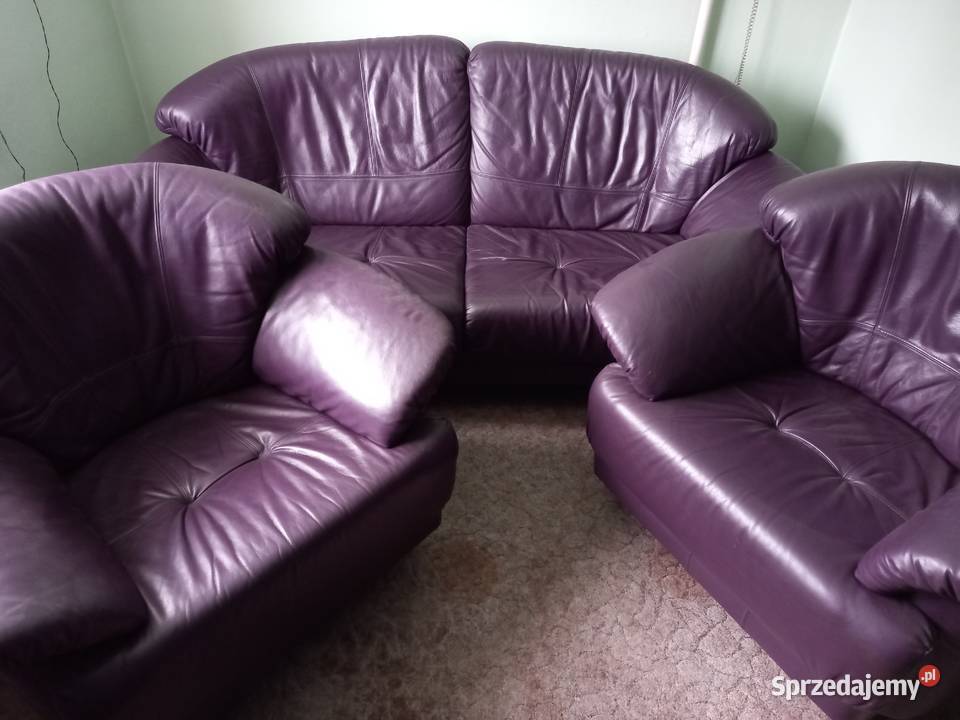 Sofa i dwa fotele skórzane fioletowe