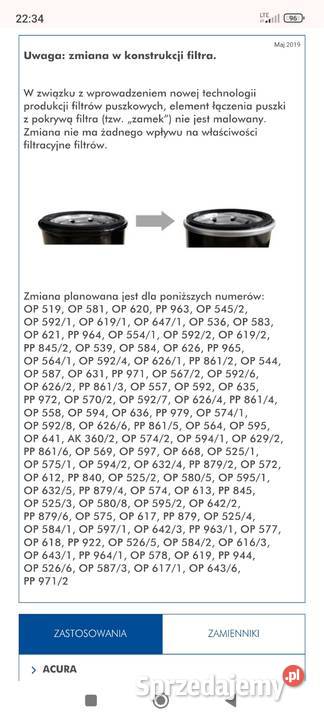 Filtr oleju OP 575 Volvo Opel Mitsubishi Mazda Janowice sprzedam