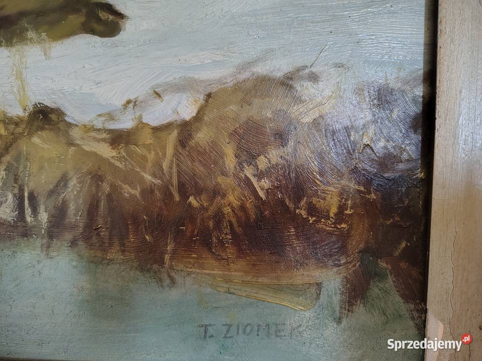 Stary obraz olejny Zimowe roztopy Kartuzy