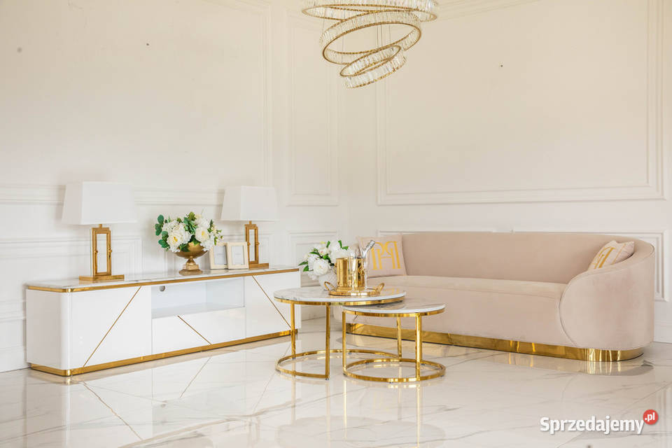 Ekskluzywna beżowa złota sofa glamour do salonu Warszawa