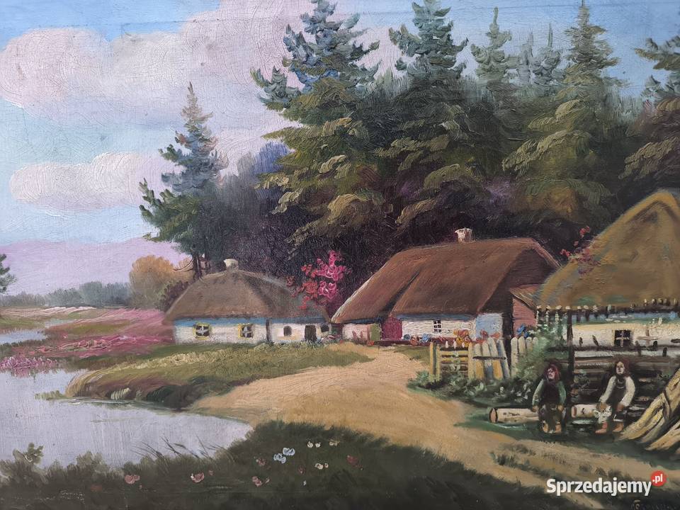 Piękny obraz olejny scena rodzajowa sygnowany łódzkie Łódź