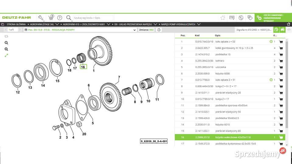 łożysko igiełkowe napędu pompy DeutzFahr Koszanowo