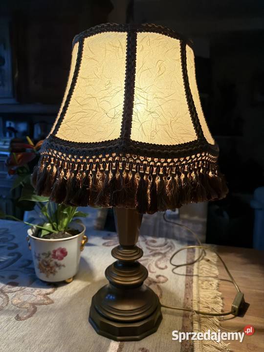 przepiękna mosiężna lampa lampka skórzany abażur Bystrzyca Kłodzka