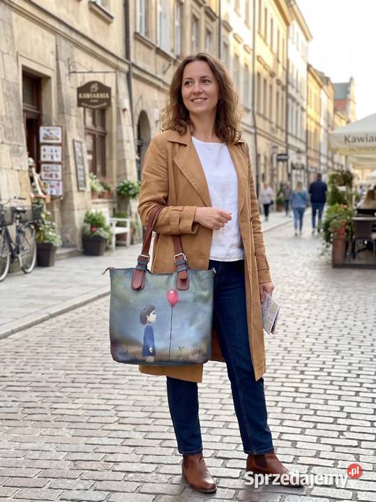 Duża torebka szoperka ręcznie malowana stan szary/srebrny Torby i torebki Warszawa