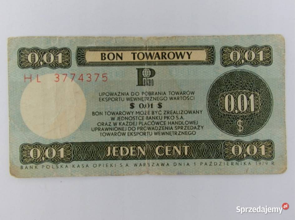 Polska Pewex bon towarowy 1 cent 1979 seria HL Antyki, Sztuka, Kolekcje Łomża