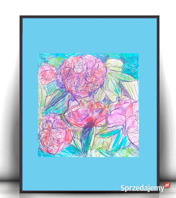 kwiaty rysunek A4 mały obrazek z kwiatami łąka odcienie błękitu Gdańsk sprzedam