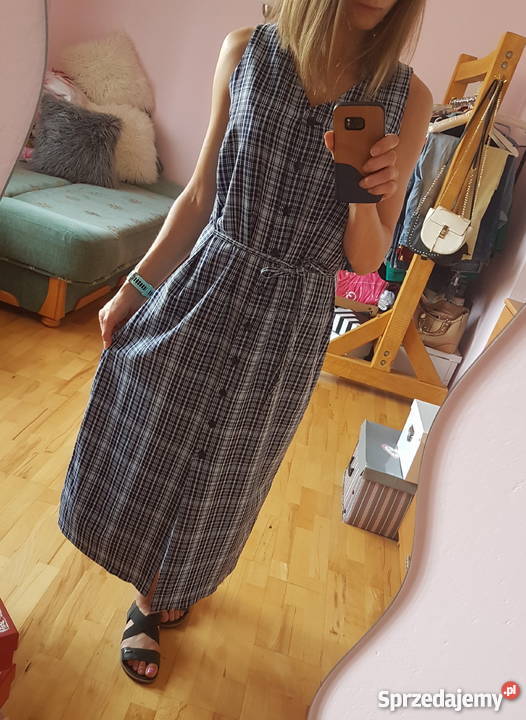 Długa niebieska sukienka w kratę Maxi Vintage Jasło
