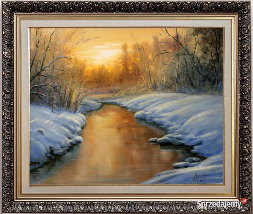 Zima Zachód Słońcaręcznie malowany obraz olejnyL Malarstwo małopolskie Nowy Sącz sprzedam