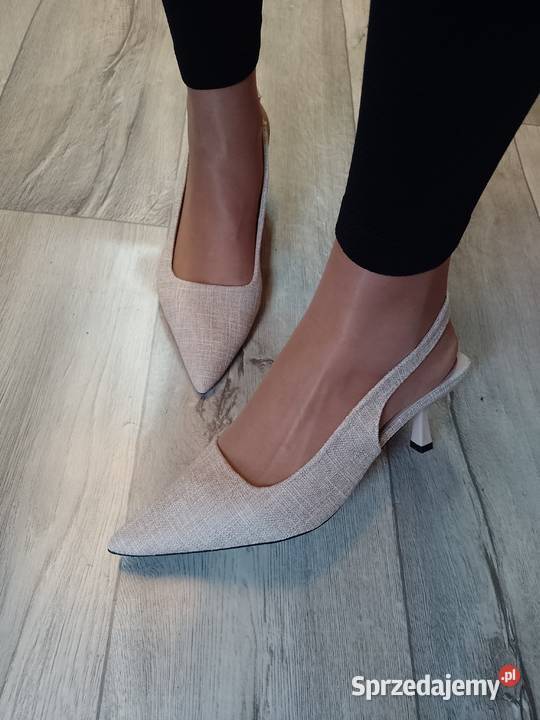 4041 Beżowe czółenka wieczorowe z odkrytą piętą Czółenka Kraków sprzedam
