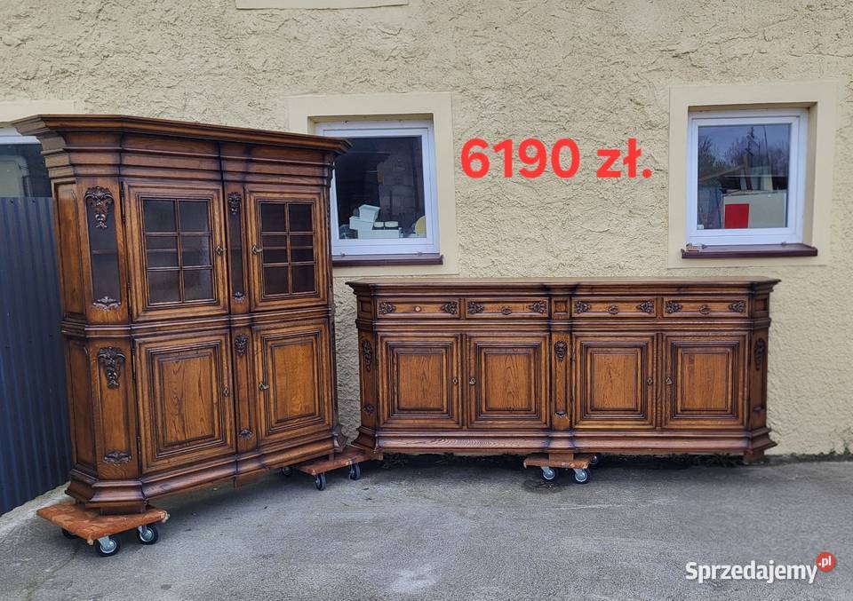 Rzeźbiony zestaw 100 dębowy komoda witryna Kleczew