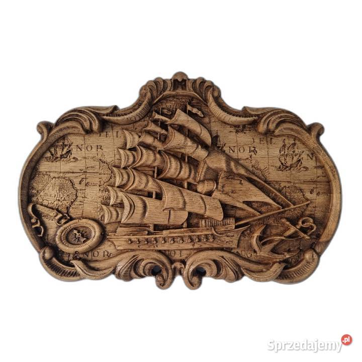 Rzeźbiony obraz z drewna Żaglowiec Mapa Świata Malechowo sprzedam