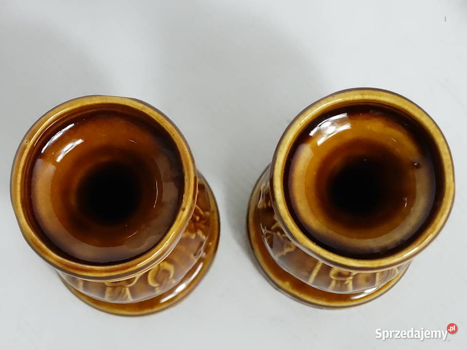 Piękne brązowe ceramiczne świeczniki vintage Biłgoraj
