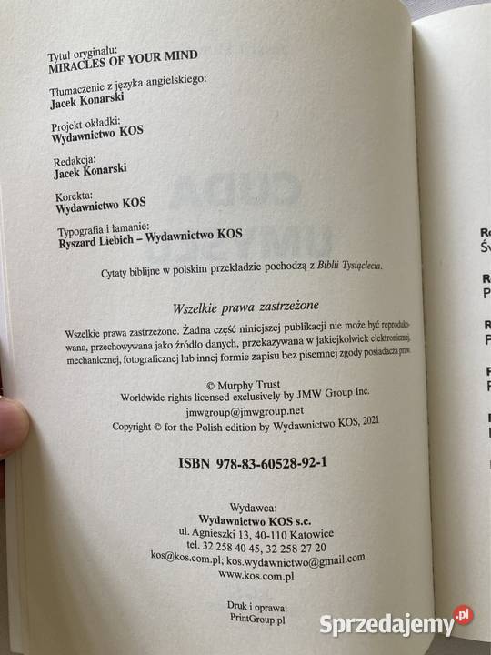 Książka Publikacja Cuda Umysłu Joseph Marphy Rok wydania 2021 Czerwionka-Leszczyny