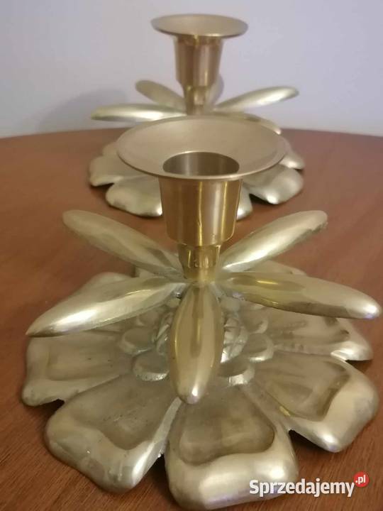 Dwa Masywne Świeczniki Mosiądz Kwiat Lotosu Wałbrzych sprzedam
