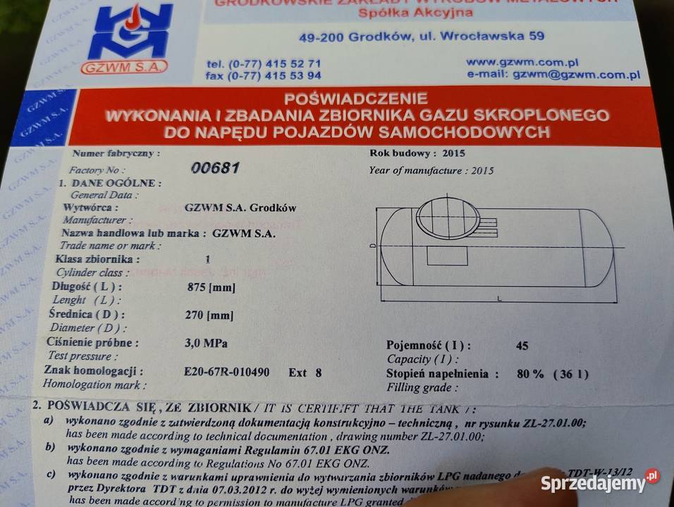 Zbiornik walcowy Butla LPG 45L GZWM 27045 Dębica