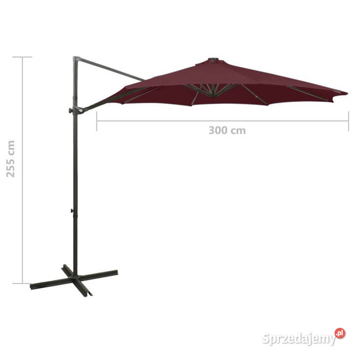 Parasol wiszący z LED i słupkiem bordowy 300 mazowieckie