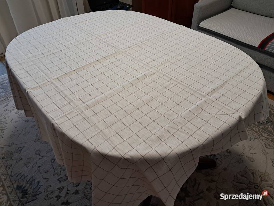 Obrus lniany biały w brązową kratkę 150 x 150 do małopolskie Kraków