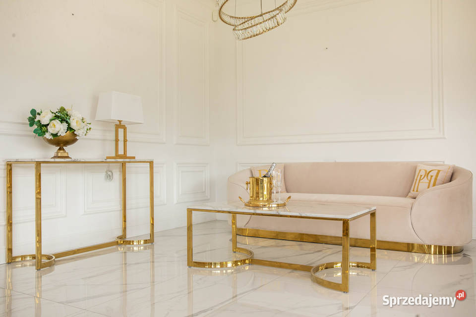 Nowoczesna konsola złota glamour z białym blatem Krzesła Warszawa