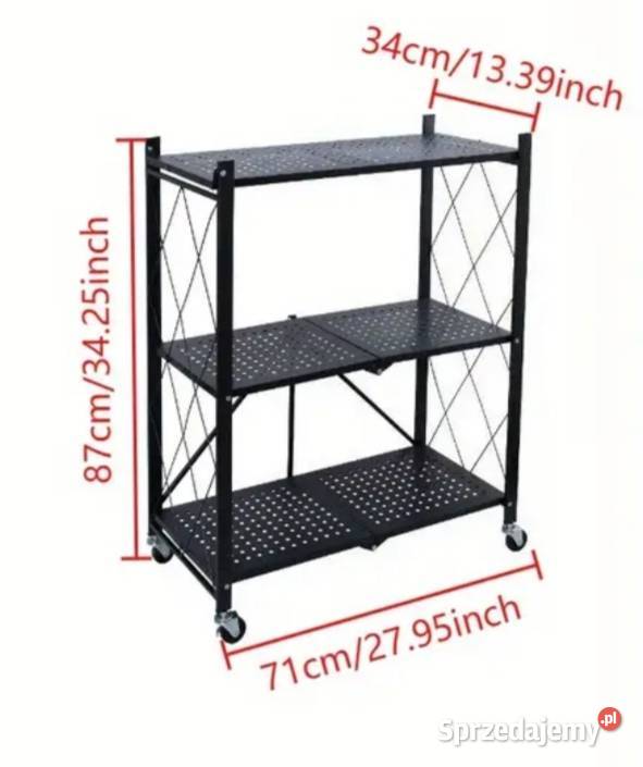 NOWY Składany czarny regał na kółkach 3 poziomy Płock